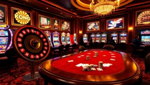 KONG88 players strategize at a poker table amidst luxury casino elements.
