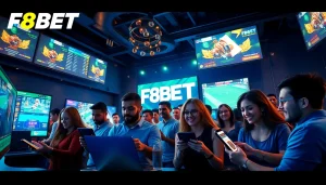 Experience the excitement of online betting at https://f8bet.io/ with a vibrant atmosphere showcasing happy players and engaging gaming elements.