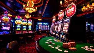 Excited player at an IDN slot machine in a luxurious casino atmosphere