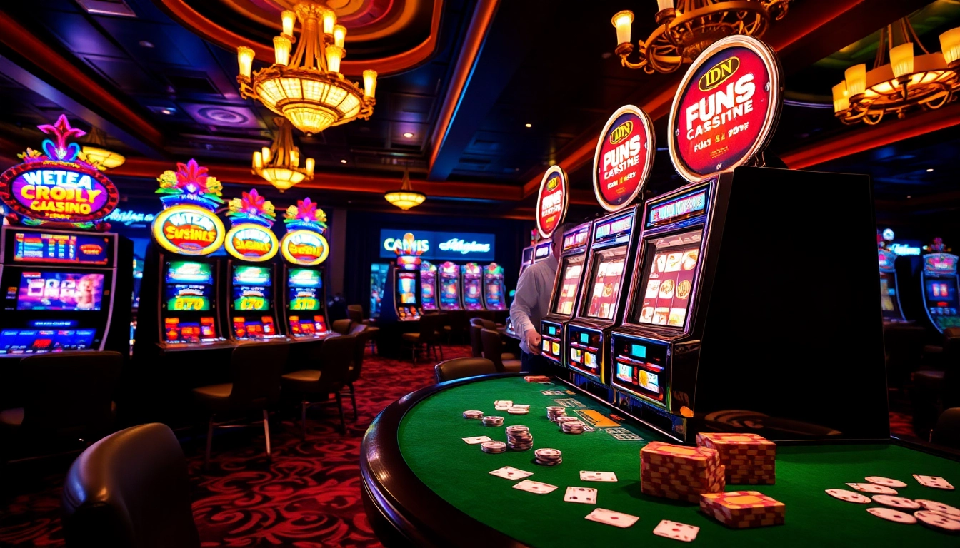 Excited player at an IDN slot machine in a luxurious casino atmosphere