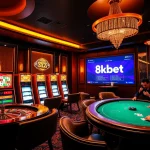 8kbet players enjoy an exciting online casino experience with vibrant slot machines and a roulette wheel.