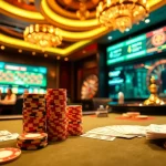 Experience dynamic online gambling action on https://daga88.free/ at a luxurious casino table with vibrant colors.