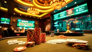 Experience dynamic online gambling action on https://daga88.free/ at a luxurious casino table with vibrant colors.