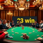 Players celebrating a 23 win at a luxurious casino poker table filled with excitement and colorful chips.