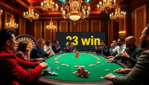 Players celebrating a 23 win at a luxurious casino poker table filled with excitement and colorful chips.