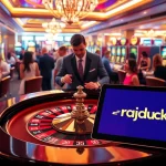 Players enjoying high-stakes gaming at rajaluck with a vibrant roulette table and slot machines.