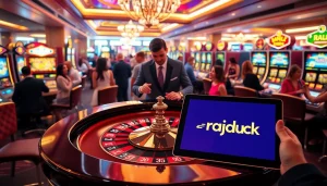 Players enjoying high-stakes gaming at rajaluck with a vibrant roulette table and slot machines.