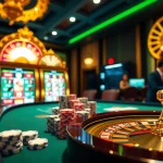 Active players engaged with sbobet link at a vibrant casino table filled with poker chips and roulette.