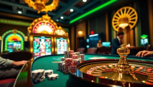 Active players engaged with sbobet link at a vibrant casino table filled with poker chips and roulette.