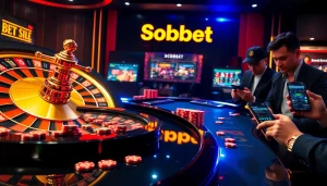 Sbobet link alternatif showcased in a dynamic casino setting with players and betting interfaces.