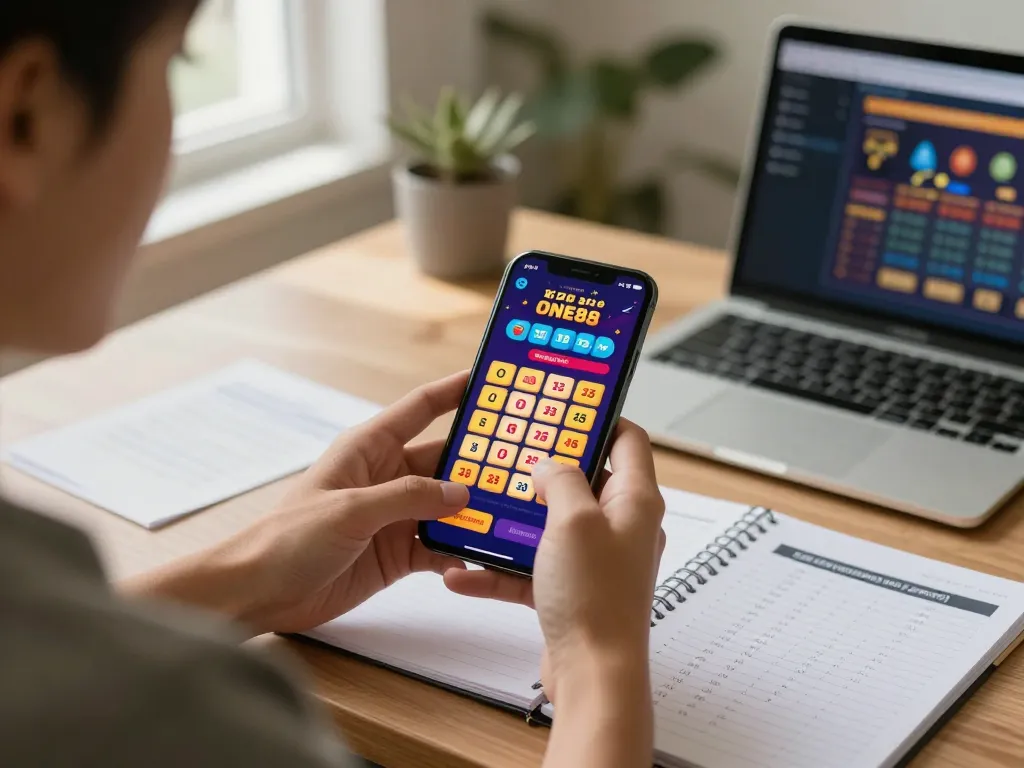 XỔ SỐ ONE88 user actively engaging with the lottery betting app on a smartphone while studying strategies.