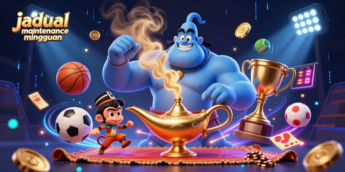 Check the jadual maintenance mingguan while enjoying a vibrant casino-themed illustration showing dynamic sports elements and characters.