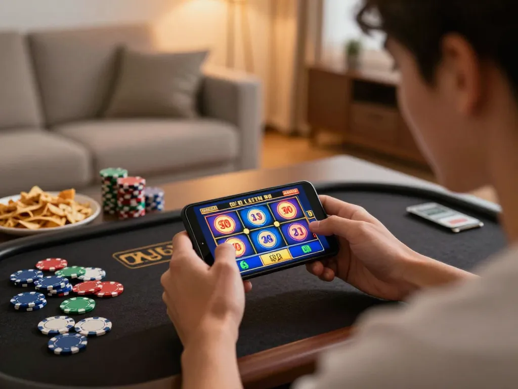 Engaging in kdslot game on smartphone, showcasing colorful online slot graphics in cozy home setup.
