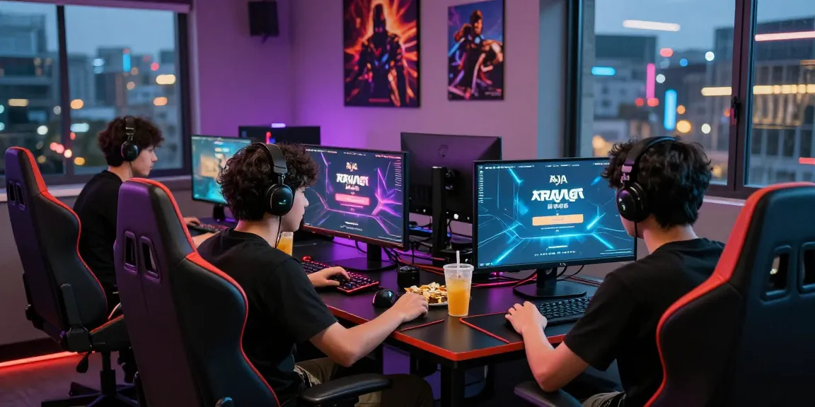 Raja Game login scene with gamers engaged at vibrant gaming setup surrounded by dynamic decor.