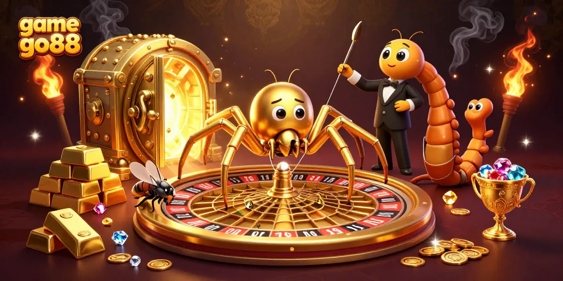 Place bets with excitement in game go88, featuring a lively illustration of a spider and centipede at a casino.