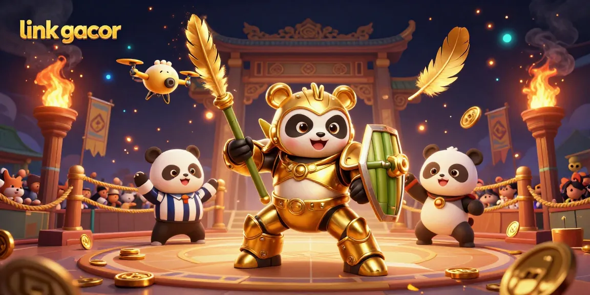 Engage with link gacor as a dynamic 3D scene showcases a mech-suit panda in a vibrant casino arena.